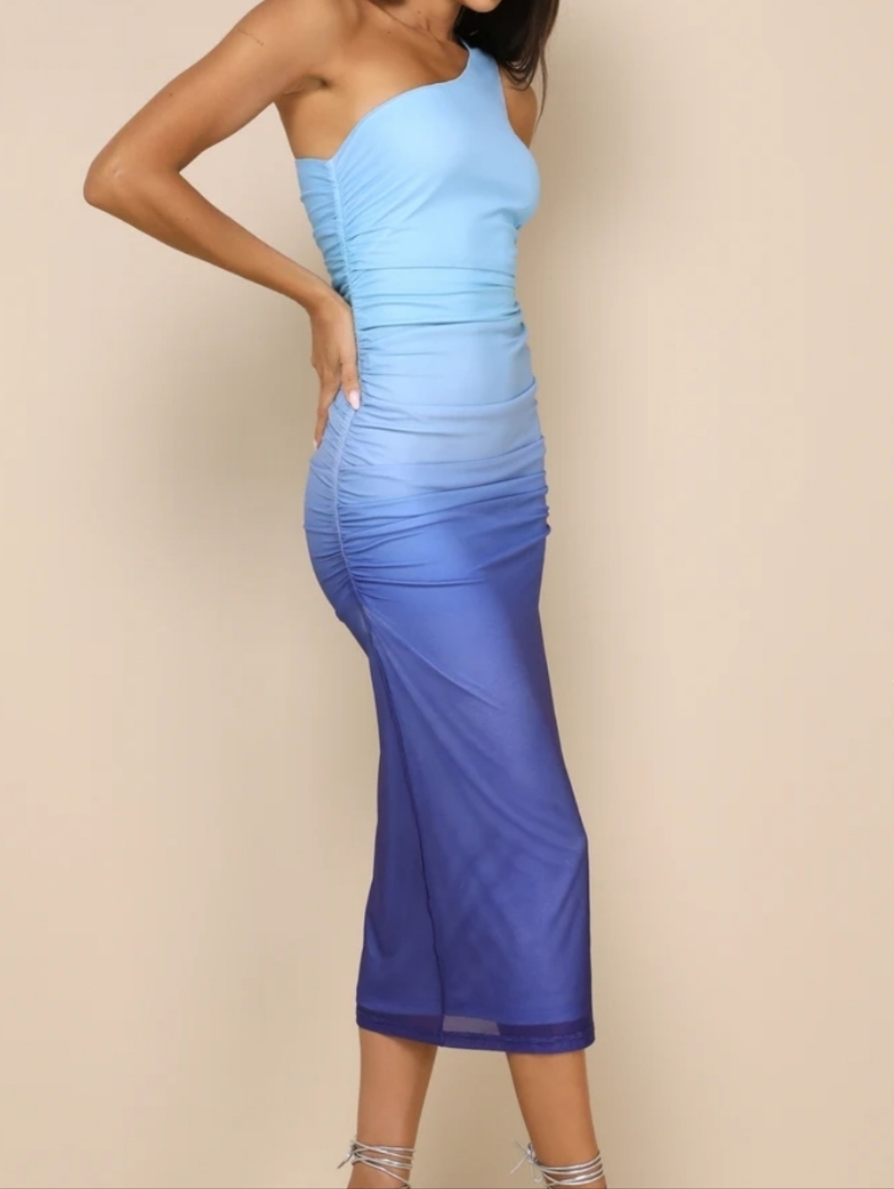 Lulus One-Shoulder Perception Ombre Blue  Mesh Midi Dress Fitted Bodice Size L.